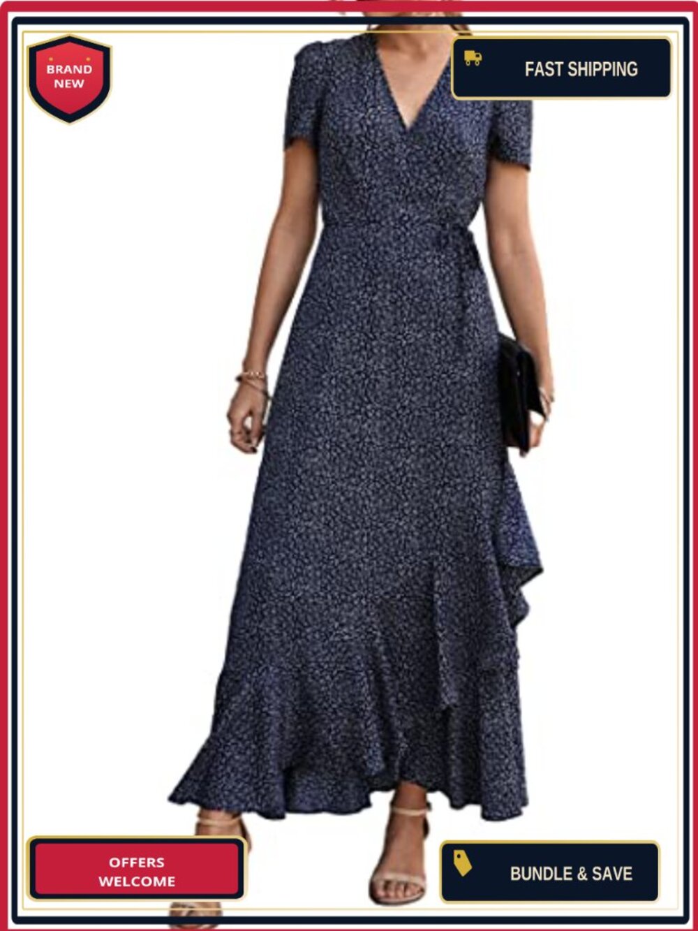 Women's Boho Floral Maxi Dress Short Sleeve Wrap V Neck Flowy Sundress